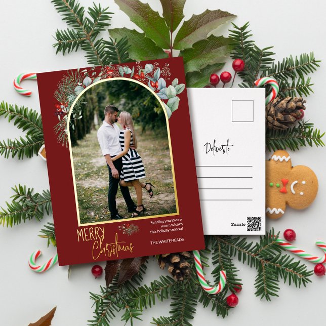 Carte Postale De Vacances En Aluminium Arch Greenery Joyeux Noël Photo Bourgogne (You will love these beautiful Christmas cards! They feature botanical watercolor pine and berries.)