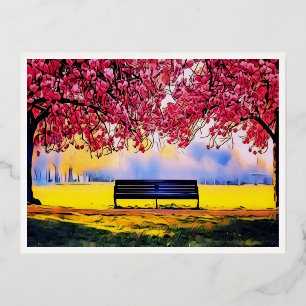 Carte Postale De Vacances En Aluminium Beau paysage avec cerisiers et banc