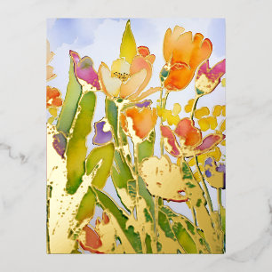 Carte Postale De Vacances En Aluminium Belle aquarelle florale avec dorure dorée.