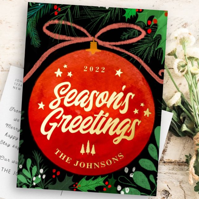 Carte Postale De Vacances En Aluminium Botanique moderne rouge boule de Noël (Créateur téléchargé)