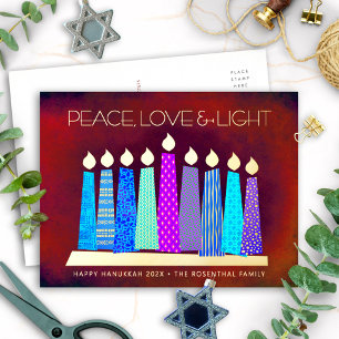 Carte Postale De Vacances En Aluminium Bougies de Hanukkah Rouge Paix Amour Lumière Or Ré