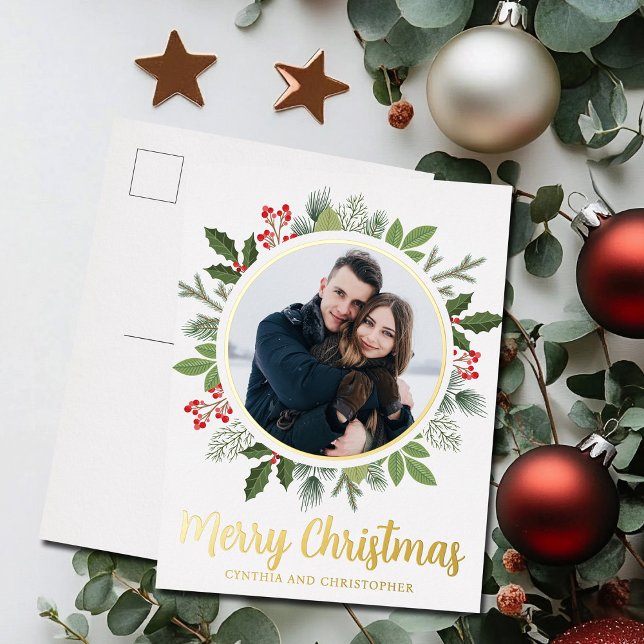 Carte Postale De Vacances En Aluminium Chic Merry Christmas Wreath Photo Gold (Créateur téléchargé)
