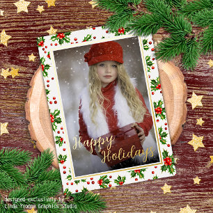 Carte Postale De Vacances En Aluminium Classique Vert Holly Rouge Berries Or