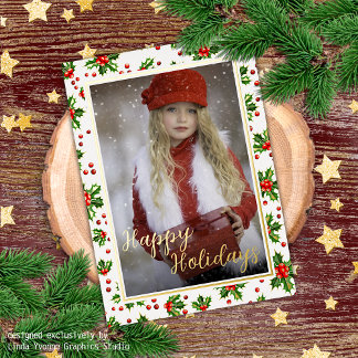 Carte Postale De Vacances En Aluminium Classique Vert Holly Rouge Berries Or