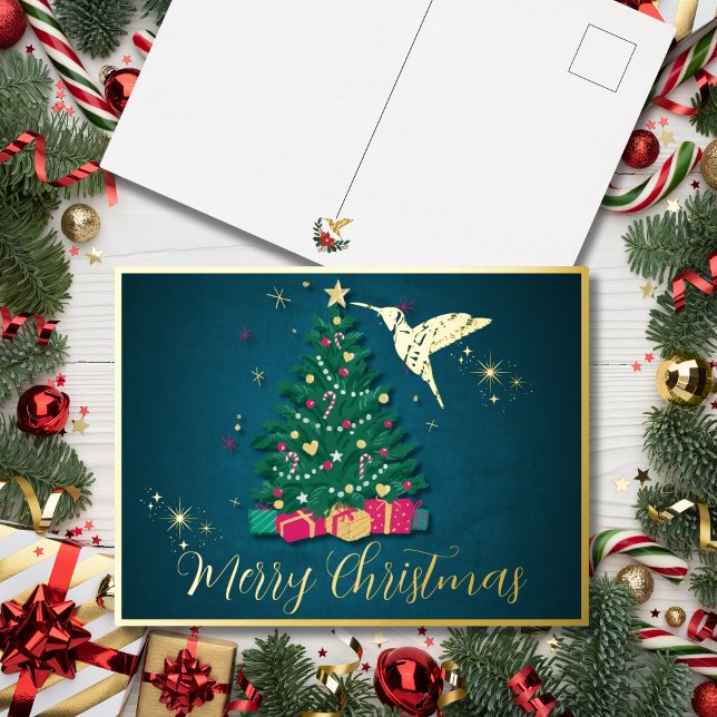 Carte Postale De Vacances En Aluminium Elégant Sapphire Hummingbird & Christmas Tree (Créateur téléchargé)