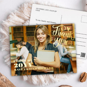 Carte Postale De Vacances En Aluminium Élégant Script Coeur Photo Graduation Merci