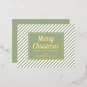 Carte Postale De Vacances En Aluminium Élégant Script Green Stripes Joyeux Noël Or