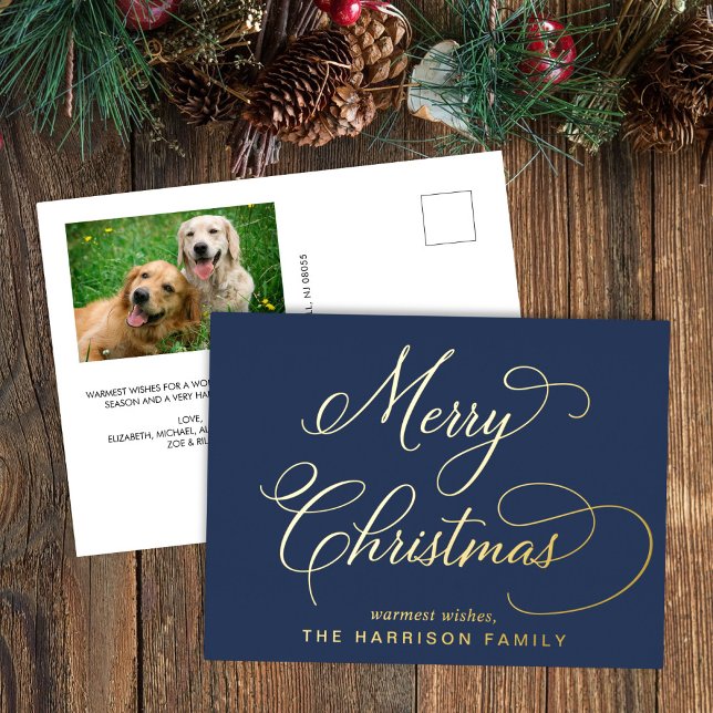 Carte Postale De Vacances En Aluminium Élégant Script Joyeux Noël Bleu Photo (Créateur téléchargé)