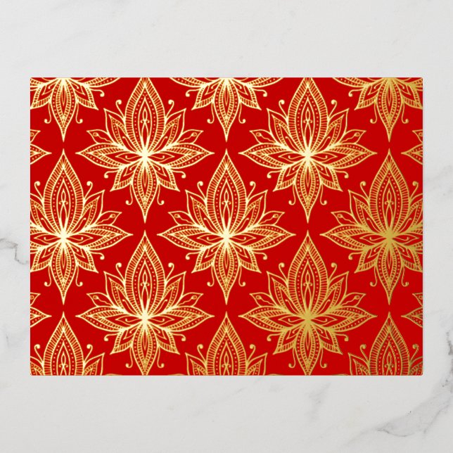 Carte Postale De Vacances En Aluminium Élégante Fleur de Lotus Rouge Or Rouge (Recto)