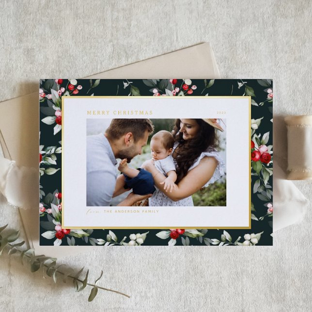 Carte Postale De Vacances En Aluminium Festive Holly Motif Joyeux Noël Photo (Créateur téléchargé)