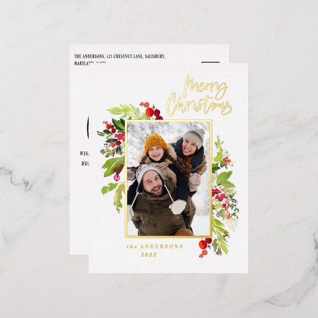 Carte Postale De Vacances En Aluminium Feuillage minimal moderne élégant photo Noël (Recto/Verso)