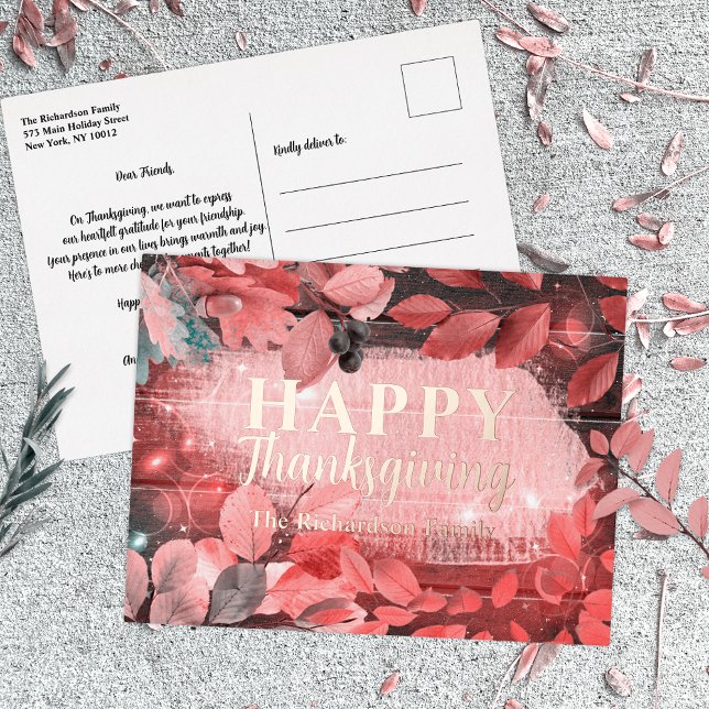 Carte Postale De Vacances En Aluminium Feuilles et baies rouges étincelants Thanksgiving (Créateur téléchargé)
