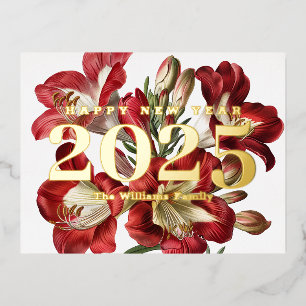 Carte Postale De Vacances En Aluminium Fleur de Freesia Rouge Bonne Année 2027 Or