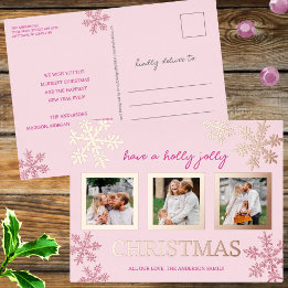Carte Postale De Vacances En Aluminium Flocon de neige rose Glam 3 Photo Rose de Noël Or