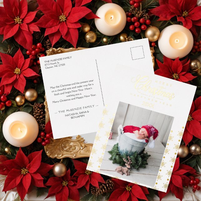 Carte Postale De Vacances En Aluminium Golden Snowflakes Merry Christmas Photo Baby (Golden Snowflakes Merry Christmas Photo Baby Metallic Foil Holiday Postcard.)