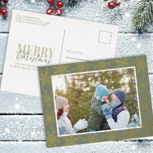 Carte Postale De Vacances En Aluminium Green Snowflake Photo de Noël Or