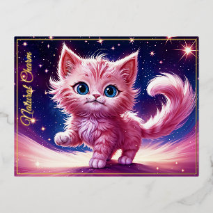 Carte Postale De Vacances En Aluminium Imaginaire rose chaton fluffy bleu vif yeux art