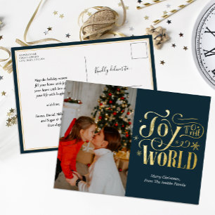 Carte Postale De Vacances En Aluminium Joie au monde Blue Gold Script photo moderne