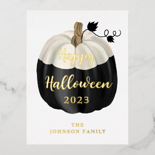 Carte Postale De Vacances En Aluminium Joli Citrouille noir et blanc Halloween or