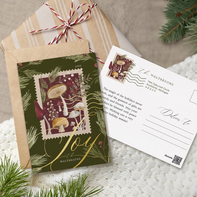 Carte Postale De Vacances En Aluminium Joy Élégant Script Woodsy Aquarelle Champignons (Joy Elegant Script Woodsy Watercolor Mushrooms Foil Holiday Postcard)
