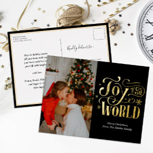Carte Postale De Vacances En Aluminium Joy to the World Black Gold Script photo moderne