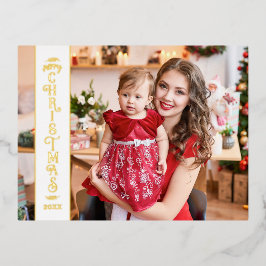Carte Postale De Vacances En Aluminium Joyeux Noël blanc 2 photos or de famille