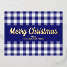 Joyeux Noël Gingham Bleu Écriture Dorée