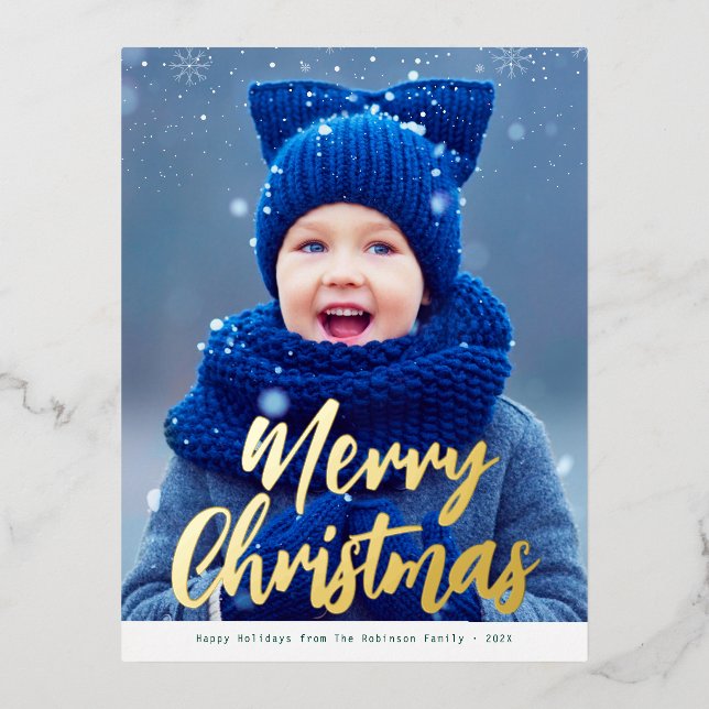 Carte Postale De Vacances En Aluminium joyeux Noël or script moderne carte de noël (Recto)