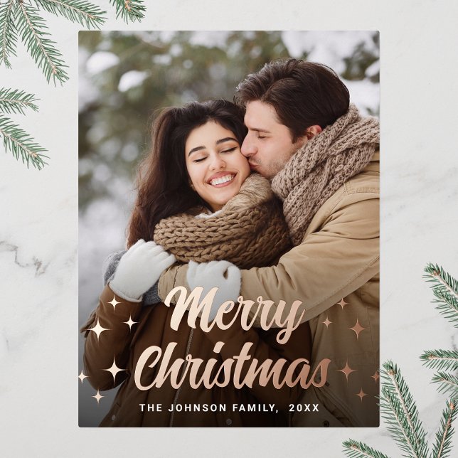Carte Postale De Vacances En Aluminium Joyeux Noël PHOTO Salutation Rose Gold (Customizable Christmas holiday greeting photo card with real foil print.)