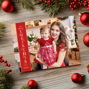 Carte Postale De Vacances En Aluminium Joyeux Noël rouge 2 photos or de famille