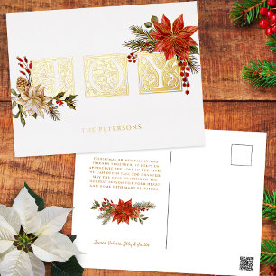 Carte Postale De Vacances En Aluminium Lettres de bloc Joy Illuminé Or avec Poinsettias