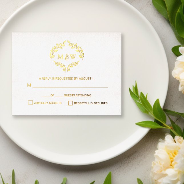 Carte Postale De Vacances En Aluminium Luxe Gold Mariage monogramme crest (Monogram crest real gold foil RSVP wedding postcard. )