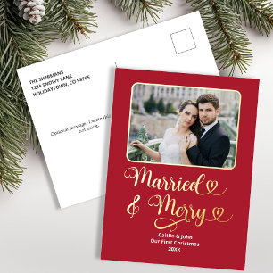 Carte Postale De Vacances En Aluminium Marié Joyeux jeunes mariés Première photo de Noël 