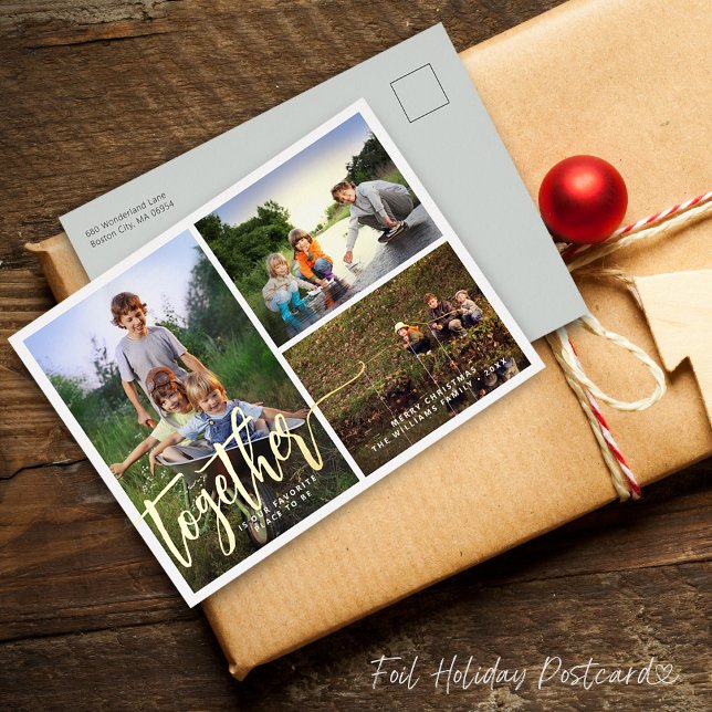 Carte Postale De Vacances En Aluminium Mieux Ensemble Trois Photos (Better Together Three Photos Foil Holiday Postcard)