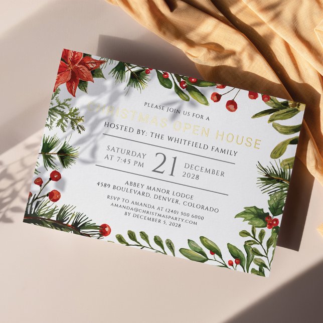 Carte Postale De Vacances En Aluminium Noël Open House Botanical Gold (Poinsettia Red Berries Gold Foil Christmas Party Invitation)