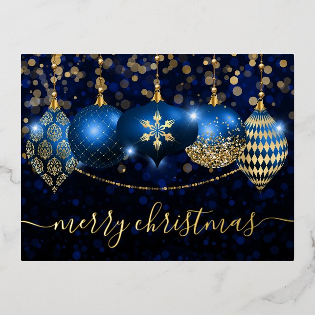 Carte Postale De Vacances En Aluminium Noël Royal Blue et Gold Baubles (Recto)