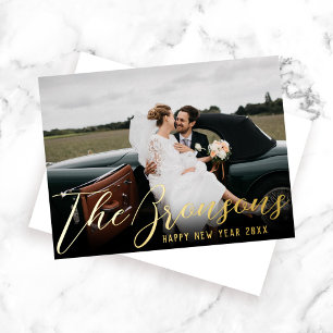 Carte Postale De Vacances En Aluminium Nom avec Message Bonne Année Photo Gold