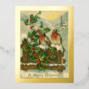Carte Postale De Vacances En Aluminium Oiseaux vintages de 1906 en or de Noël de neige