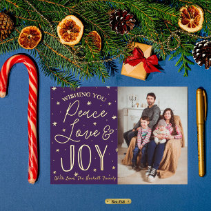 Carte Postale De Vacances En Aluminium Paix, Amour & Joie Photo de Noël Réelle