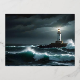 Carte Postale De Vacances En Aluminium Paysage du phare Côte Océan Vagues Nuit Mer