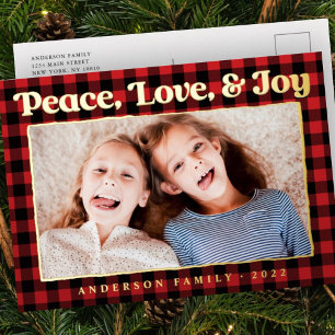 Carte Postale De Vacances En Aluminium Peace Love & Joy Plaid Photo de famille du Motif