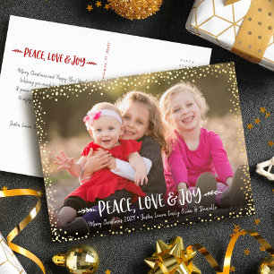 Carte Postale De Vacances En Aluminium Peace Love Joy Script Christmas Photo Real Gold