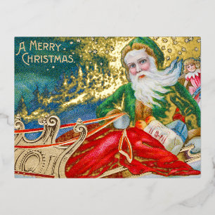Carte Postale De Vacances En Aluminium Père Noël vintage à Sleigh Joyeux or de Noël
