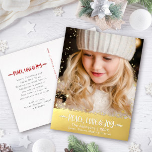 Carte Postale De Vacances En Aluminium Photo de Noël Peace Love Joie Stars Real Gold