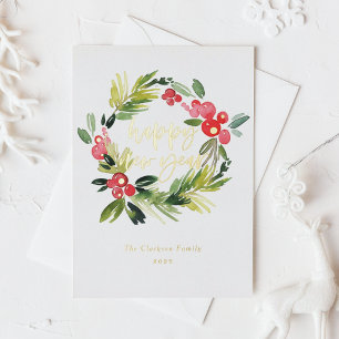 Carte Postale De Vacances En Aluminium Pin d'aquarelle et Wreath Holly Bonne année