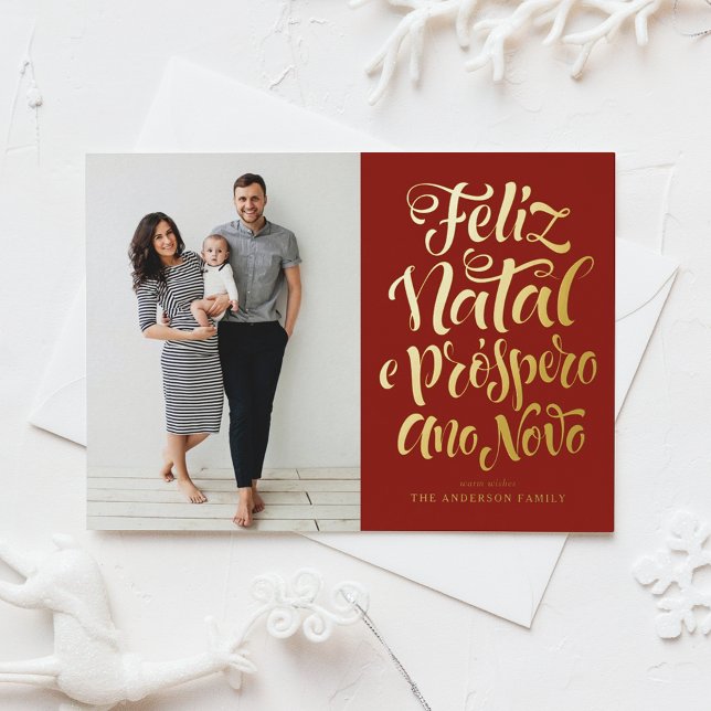 Carte Postale De Vacances En Aluminium Red Feliz Natal Calligraphie Noël Photo (Créateur téléchargé)