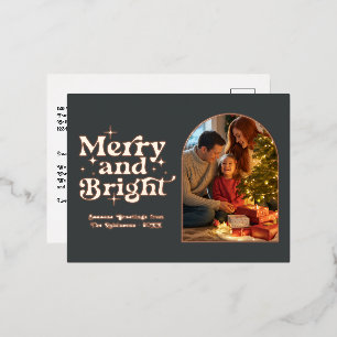 Carte Postale De Vacances En Aluminium Rose Gold et Charbon Merry & Bright Retro Noël