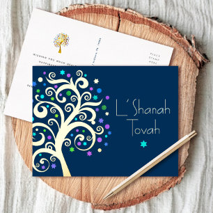 Carte Postale De Vacances En Aluminium Rosh Hashanah Bleu Nuit Arbre de Vie Or Réel