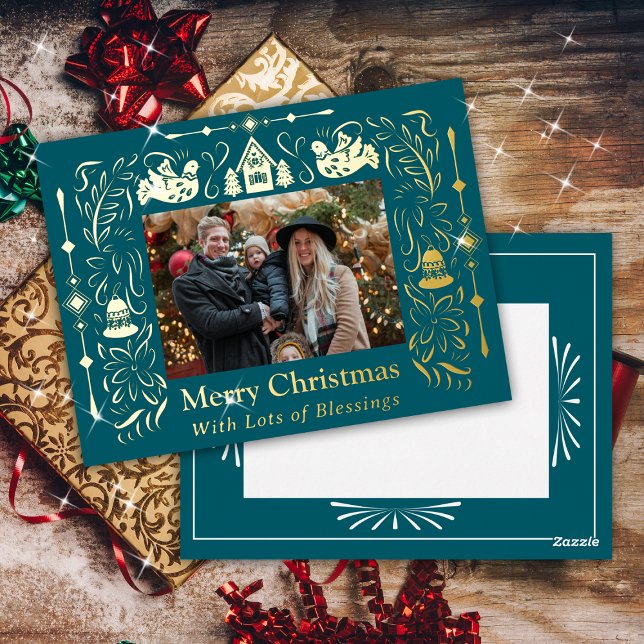 Carte Postale De Vacances En Aluminium Scandinavie Folktale Noël Photo Turquoise (Scandinavia styled Christmas Photo Greeting Cards.)