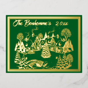 Carte Postale De Vacances En Aluminium Scène de Noël en or avec vert